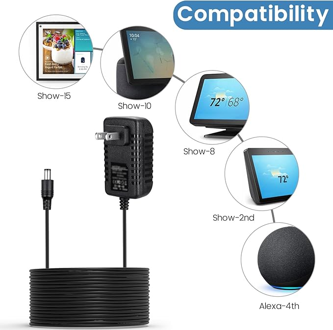 30W Power Cord Adapter Replacement for Echo Show 8 3rd Gen., Show 10 3rd Gen., Show 15, Show 21, Echo 3rd/4th Gen. - Black Wall Charger Cable, 5ft