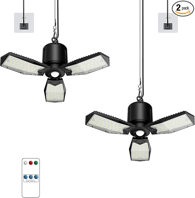 Garage Motion Sensor Lights Plug-in 2Pack, 8000LM Super Bright Motion Activated LED Shop Light, 360° Detection & Retractable Steel Wire, Indoor Motion Light Bulb for Attic/Barn