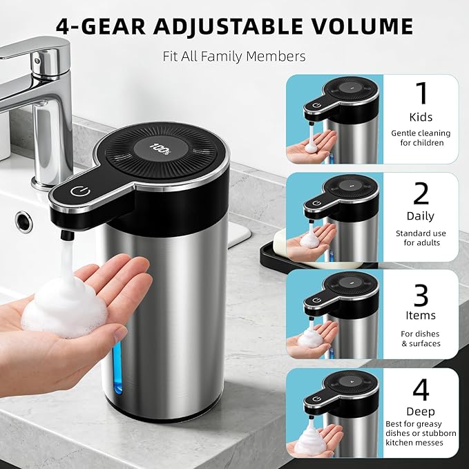 Touchless Automatic Foaming Soap Dispenser for Kitchen, Rechargeable, 13.5oz Large Capacity, Fast Sensor, 4 Adjustable Liquid Levels, Waterproof, Clog-Free Pump(Stainless Steel Foam)