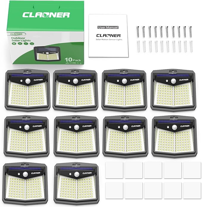 CLAONER Solar Lights Outdoor, [128 LED/10 Packs] Motion Sensor Lights 3 Working Modes for Outdoor with 270° Wide Angle Wireless IP65 Waterproof Security Light for Fence, Patio, Cold White