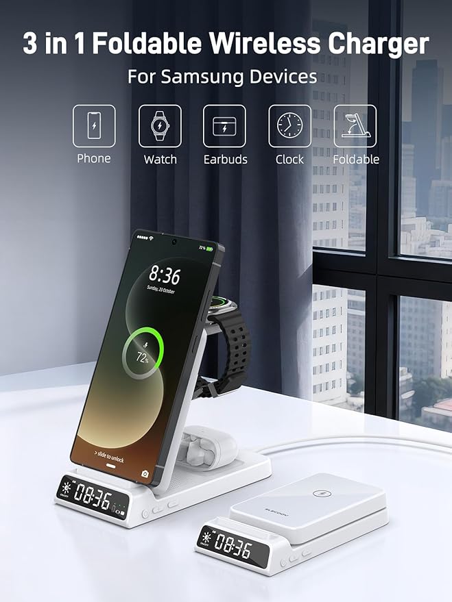 Wireless Charger for Samsung Charging Station with Clock for Samsung Galaxy S25 Ultra/S24/Z Flip 7/Fold 6/Bud, Watch Charger for Samsung Galaxy Watch 8/7/6/5, 3 in 1 Foldable Charging Station (White)