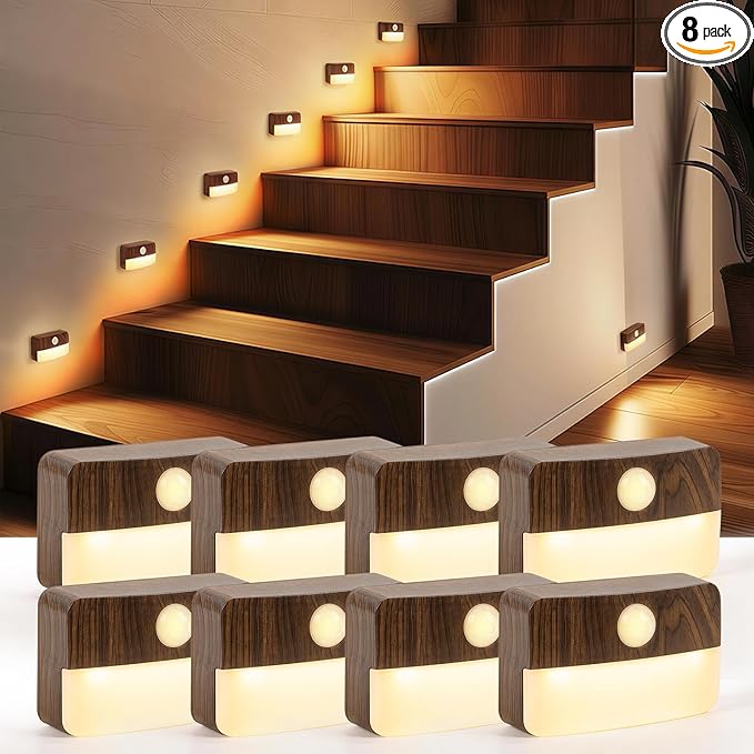 Guankai 8 Pack Motion Sensor Stair Light for Indoor, Battery Operated Closet Lights, Wireless Stick on Anywhere Hallway Lamp, Portable Led Night Lamps for Bedroom Under Cabinet Kitchen, Wood Grain