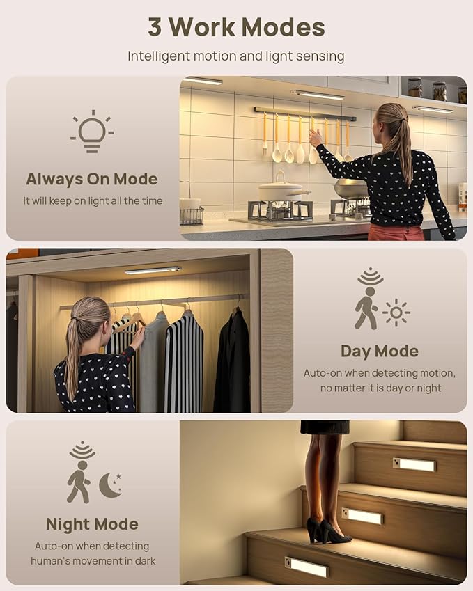 9inch Under Cabinet Lighting Wireless, Rechargeable Motion Sensor Indoor Light, 3 Color Temps & Dimmable Closet Lights with Remote, Magnetic Under Counter Light for Kitchen, Stairs, Wardrobe, 5 Pack