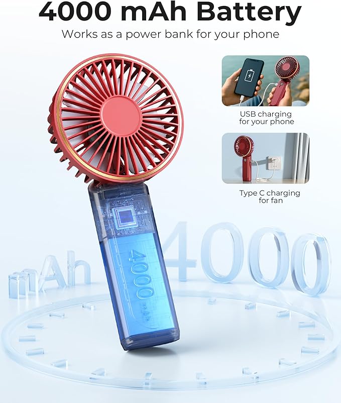 Portable Handheld Fan, 4000mAh, 180 Adjustable, 6 Speed Wind, Display Electricity in Real Time, USB Rechargeable Foldable Personal Fan