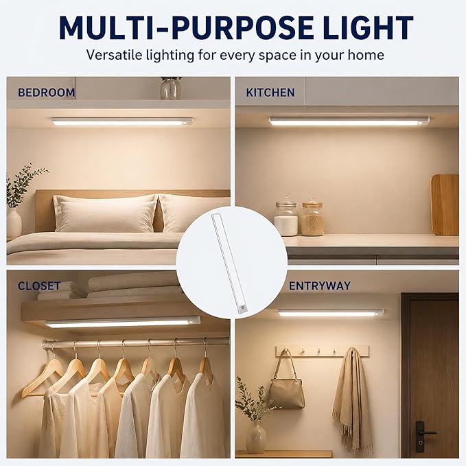 16-Inch Under Cabinet Lighting Rechargeable 4500mAh, Ultra-Thin Wireless Motion Sensor Indoor Light, Dimmable 3-Color LED Under Counter Lights for Kitchen, 4-Pack