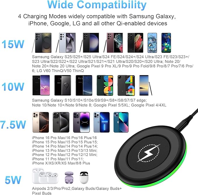 for S25 Edge Wireless Charger Pad for Samsung Galaxy S25 Ultra S25+ S25 FE S24 S23 Z Fold/Flip 7, 15W Android Fast Charging Station with 18W Adapter for iPhone 17 Pro Max 16e 16 15 Plus,Pixel 10 9a 9