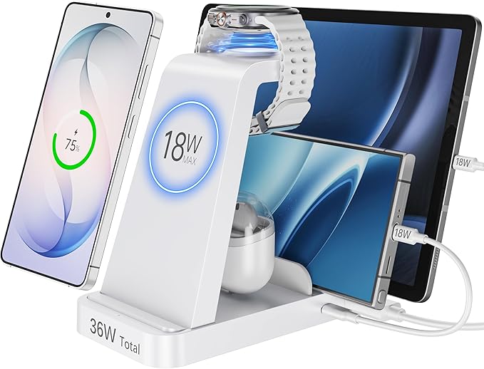 5 in 1 Wireless Charger for Samsung, Wireless Charging Station for Multiple Devices, Fast Charger Stand for Samsung Galaxy S26 S25 S24 S23 S22 Note 20 10 Z Fold 7 6 Galaxy Watch 8 7 6 5 Buds,White