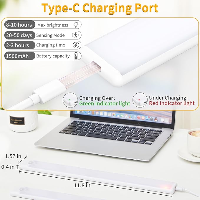 Wireless Under Cabinet Lighting 12 Inch 3 Pack, 1500mAh Magnetic Motion Sensor Light USB C Rechargeable Closet Lights, 3 Color Dimmable LED Night Light Stick on Under Counter Lights for Kitchen Stairs