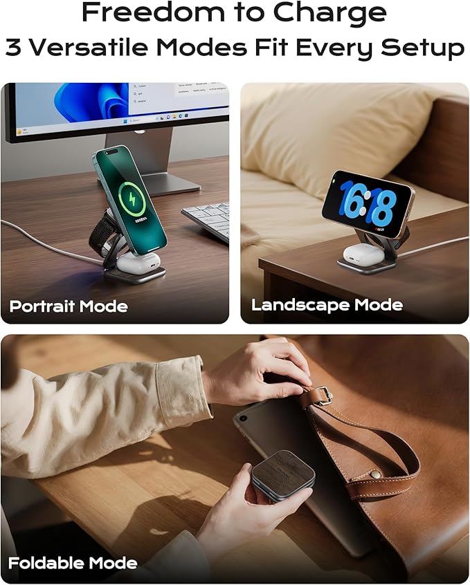 KU XIU Qi2.2 25W Magnetic Wireless Charger, Foldable 3 in 1 Travel Charging Station for iPhone 17/16/15/14/13/12, 5W for Apple Watch & AirPods, Aluminum Alloy Design, with 45W GaN Adapter, Wood Grain