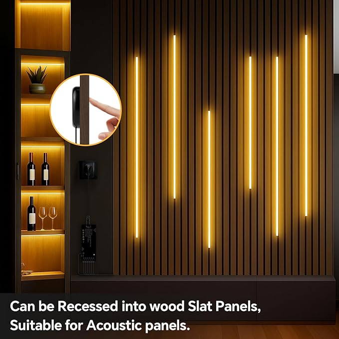 6-in-1 Black PCB COB LED Strip Light,12V Touch Dimable LED Recessed Lighting Kit,3.3Ft Self-Adhesive Under Cabinet Lighting 3000K with 36W Adapter for Wood Slat Wall Panels, Headboards, Cabinet,Shelf