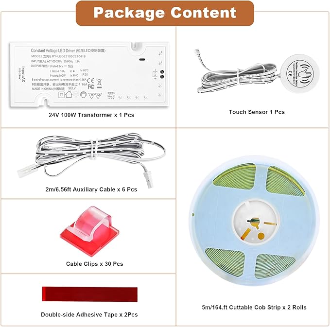 Under Cabinet Led Light Strip kit,2 Roll x 16.4ft Cuttable 3000K COB,Diffused Power with 8 JST & 2 Hardwired Outlets,Touch Sensor for Gun Safe Case,Book Shelf,Floating Shelf,Slat Wall Panel