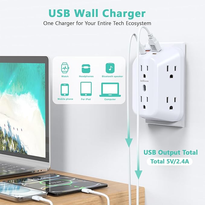 Multi Plug Wall Outlets, 6-Port Outlet Extender with 4 Charging USB Ports (2 USB A, 2 USB C), 4 Sided 1050J Surge Protector wall Plug Adapter Reserved for Home Travel and Office use