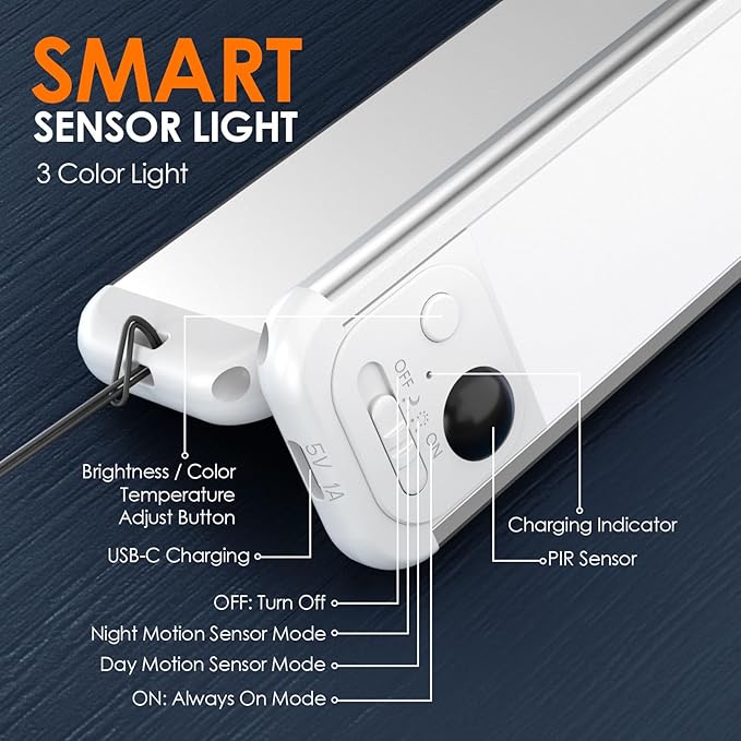 RUIKORING 8.5" Under Cabinet Lighting 6 Pack, 3 Colors, Motion Sensor Light Indoor,48 LED Rechargeable Closet Lights, Dimmable Under Counter Lights, Stick-On Magnetic Cabinet Night Lights for Kitchen