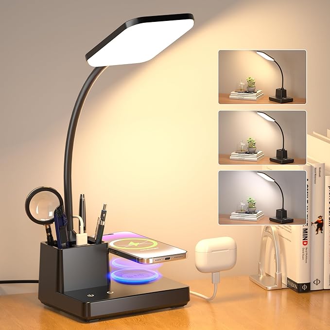 Desk Lamp, Table Lamp with Wireless Charger & USB Port, 800LM CRI95 3 Color Modes Dimmable Touch Flexible Arm Pen Holder, LED Desk Lamps for Home Office, College Dorm Room, Adapter Included