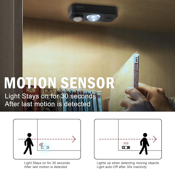 Black Motion Sensor Night Light, Wireless Rechargeable Puck Lights for Cabinet, Dimmable Stick on LED Closet Lights, Daylight White Motion Sensor Light Indoor(4 Pack)