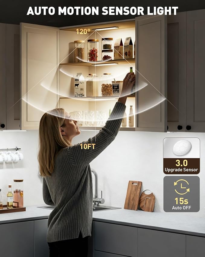 Under Cabinet Lighting Wireless Motion Sensor Light Indoor, 12" Rechargeable Kitchen Bar Lights, 300LM Ultra-Bright Cabinet Lights with Remote, 2500mAH, USB-C, 3 Colors, 3 Packs