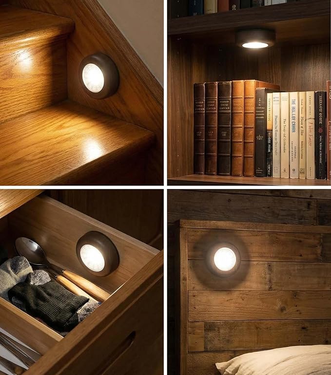 Wood Grain LED Puck Light, Wireless Tap Light Battery Operated, Stick On Push Lights, Under Cabinet Lighting for Closet, Wardrobe, Shelf, Showcase (6 Pack)