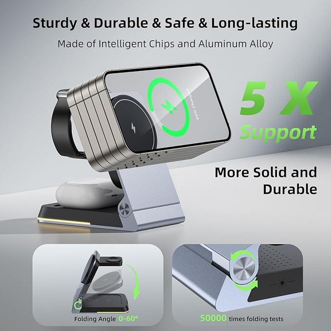 Foldable Wireless Charger 3 in 1 - Magnetic Wireless Charging Station for Apple Magsafe Charger Stand with Light,Aluminum Portable Travel Charger Dock for iPhone 17/16/15/14/13/12,Apple Watch,AirPods