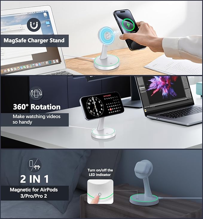 2 Pack Magnetic Wireless Charger Stand 15W Fast Mag-Safe Charger for iPhone iPhone 17 /17 pro/ 17 Air/ 17 pro max 16/15/14/13/12 Series Magnet Wireless Charging Station with Light for AirPods