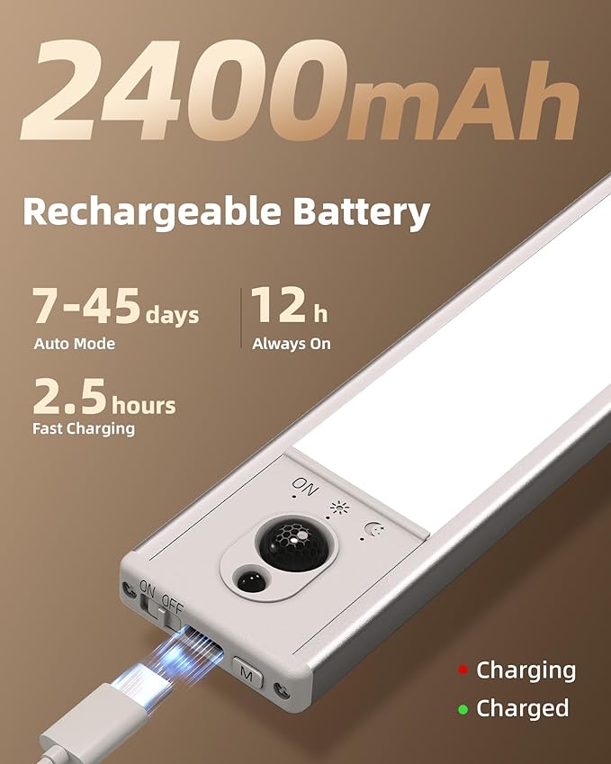 EZVALO 3-Pack Under Cabinet Lighting, 2400mAh Motion Sensor Light, LED Closet Lights Wireless, 3000K Dimmable, Timer, Magnetic, with Remote Control for Kitchen, Closet, Stairs