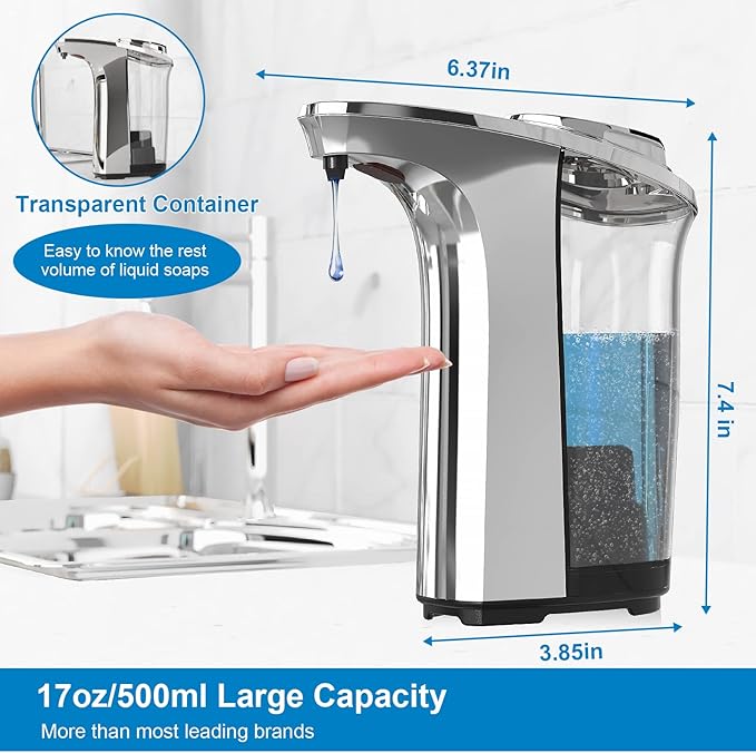 PZOTRUF Automatic Soap Dispenser, Touchless Dish Soap Dispenser 17oz/500ml with Upgraded Infrared Sensor, 5 Adjustable Soap Dispensing Levels, Liquid Hand Dispenser for Bathroom (Silver Set)