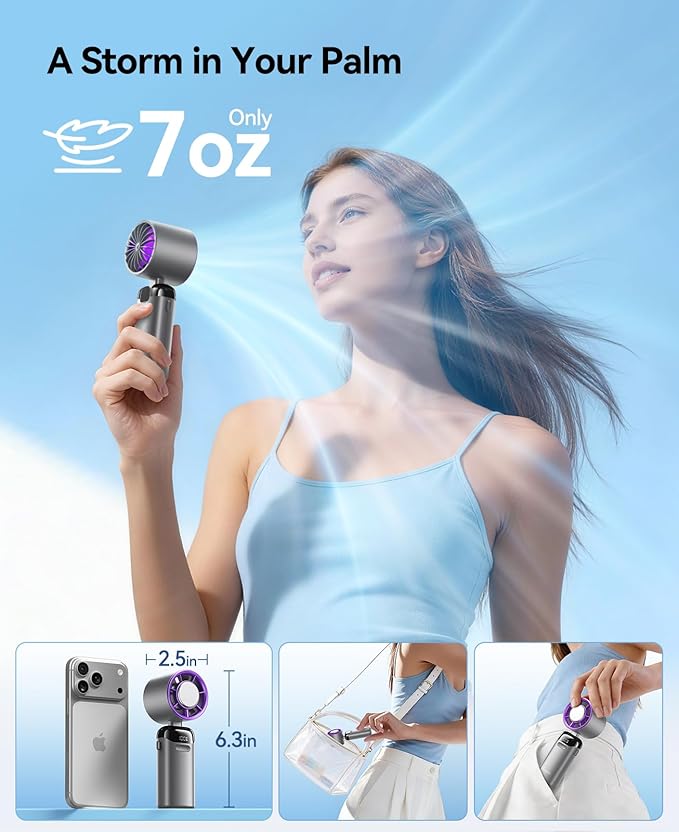 KIMMOO Handheld Portable Turbo Fan with Ice Cooler, Powerful 21000 RPM, Speed (1-199), Up to 14Hrs Cooling, Rechargeable Personal Fan, Small Pocket Hand Fans for Travel/Outdoor/Home/Office (Grey)