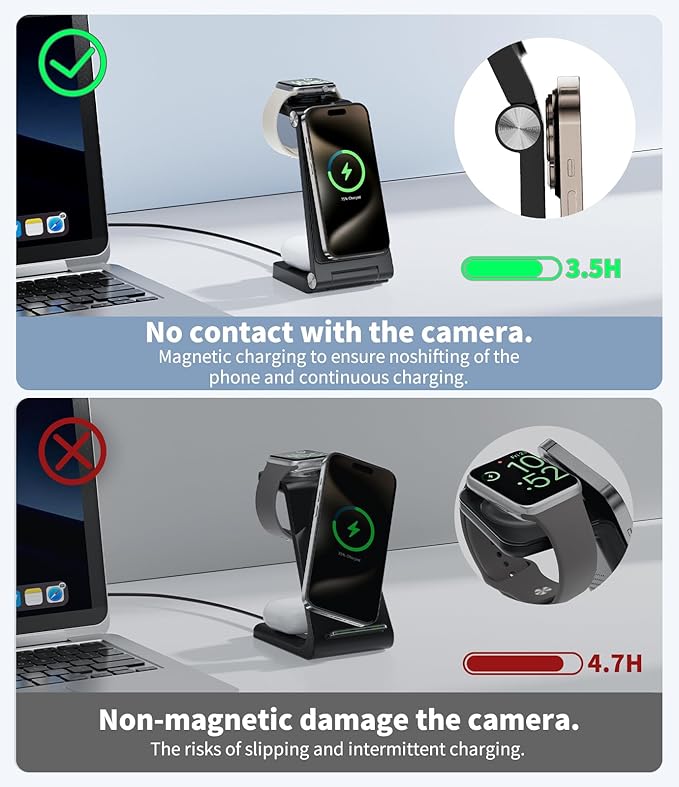 Magnetic Wireless Charging Station, 3 in 1 Fast Max Charging for iPhone 17 16 15 14 13 12 Pro Max Plus, Apple Watch, Air Pods Pro - Space-Saving Multi-Device Stand (Black)