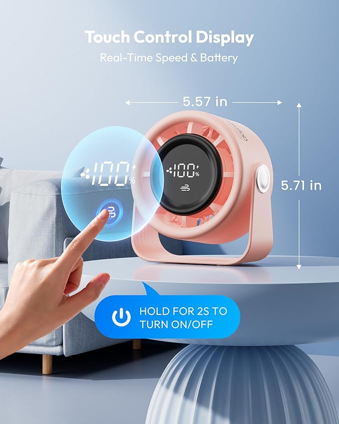 Gaiatop Small Desk Fan Rechargeable, Quiet Personal Table Fan, Touch Control Display, 360° Tilt, 5-Speed Strong Wind, 4000mAh Battery, Small Fans for Bedroom Dorm Office, Gifts for Women Girls, Pink