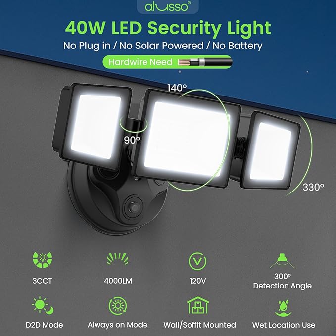 ALUSSO Dusk to Dawn Outdoor Lighting,120V 40W 4000LM Dusk Till Dawn Outdoor Light, 3000K/4000K/6000K 3CCT IP65 3 Heads Security Lights Dusk to Dawn for House Garage Yard Walkway,2 Pack,Black