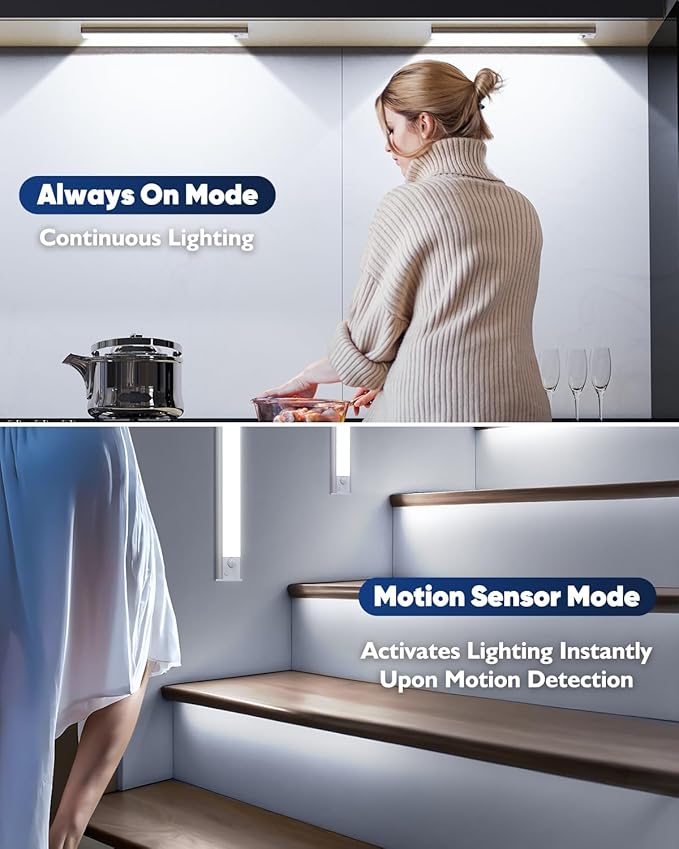12'' Under Cabinet Lights, 2500mAh LED Battery Operated Rechargeable Motion Sensor Lights Indoor, Magnetic Dimmable Closet Light, Wireless Under Counter Cupboard Night Light for Kitchen, Stair, 3 Pack