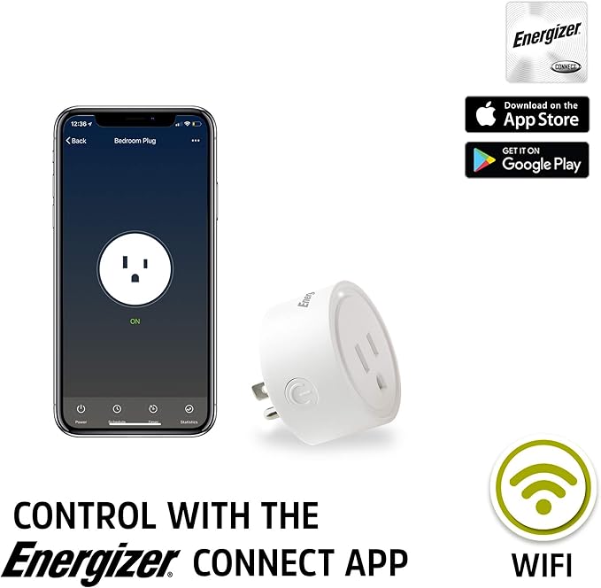 Energizer Connect Smart WiFi Plug, Mobile Connect App Enabled, Voice Controlled, Alexa, Echo, Siri, Hey Google Enabled, No Hub Required, Mini Outlet 15-Watt, 2.4GHz, ETL & FCC Certified