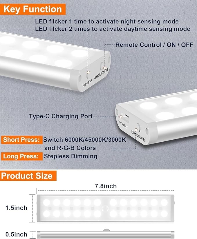 Diomart Under Cabinet Lighting, RGB Rechargeable Motion Sensor Light Indoor Night Lights, 58-LED Remote Control Under Counter Lights for Kitchen, Wardrobe, Hallway, Stairs, Desk (4 Pack)