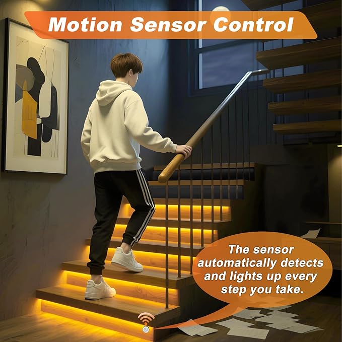 Smart Motion Sensor Stair Light for Indoor, No Wiring Required 40 inches Long COB LED Stair Lights Indoor with Remote Controller (Warm White 3000K,12 Stairs)