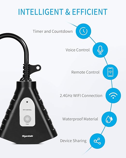 Syantek Outdoor WiFi Outlet, Outdoor Plug with 3 Ground Outlets, Compatible with Amazon Alexa, Google Assistant, Remote Control Outdoor Light Timer Outlet Waterproof, FCC Certified