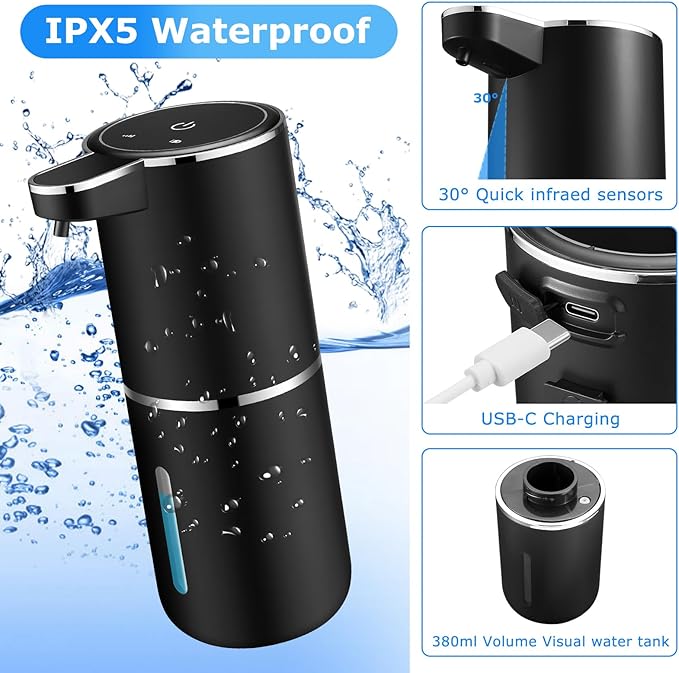 Automatic Foaming Soap Dispenser,Touchless Soap Dispenser with 4 Adjustable Foam Levels,Wall Mounted and USB Rechargeable,12.8oz Large Capacity for Bathroom,Kitchen Sink,Dish Soap(Black)