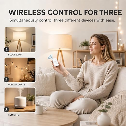 Remote Control Outlet: Wireless Light Switch with Wall Plate — Long Range — Plug in On Off Switch for Lights & Small Appliances — 1 Remote for 3 Outlets — no Wiring