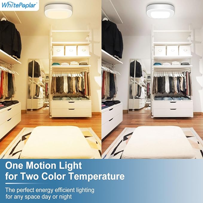Battery Powered Motion Sensor Light Indoor with Remote, 300LM Dimmable Battery Operated Ceiling Light, 3000K&6000K Color Changeable Wireless Ceiling Light For Closets Shower Living Room Hallway Porch