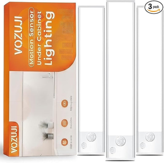 Under Cabinet Rechargeable Lighting: 12 Inch Motion Sensor Dimmable Lights Indoor - Battery Operated Lights - Wireless Closet Light Magnetic Led Light for Kitchen Home Bathroom Counter 3 Pack