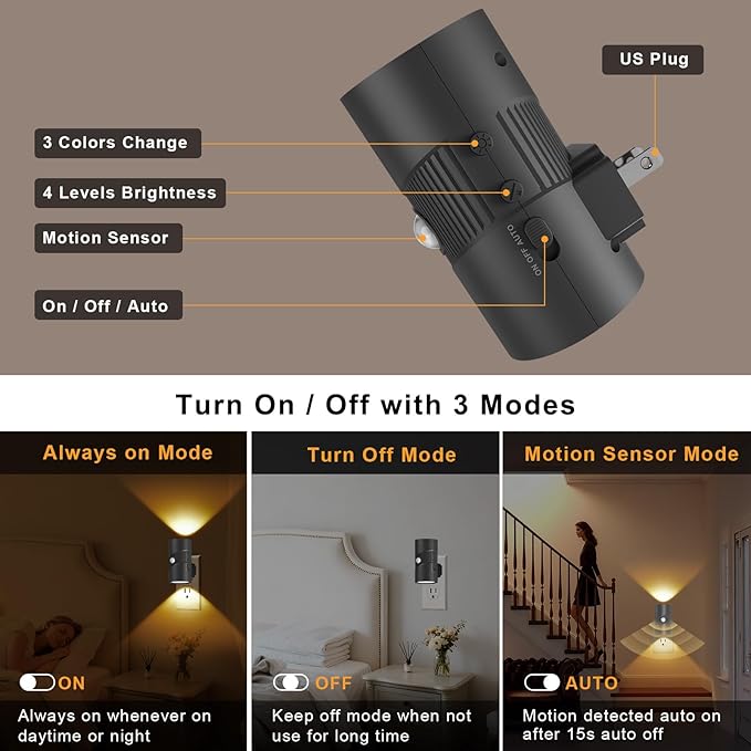 easuntec Motion Sensor Night Light, Night Lights Plug into Wall, Motion Sensor & Dusk to Dawn Sensor, 3 Light Modes, Dimmable Night Light for Bedroom Bathroom Hallway Stair (Black, 2 Pack)