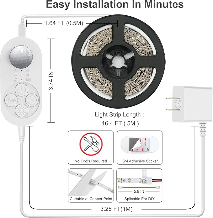 Motion Sensor Under Cabinet Lights Plug-in LED Strip Lights Indoor Cold White 6000K Super Bright 2000lm with 12V Adapter, Dimmer and Timer for Kitchen Cabinet, Shelf, Wardrobe, Stairway…