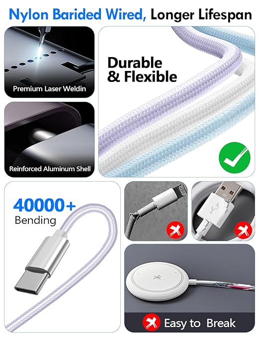 1Pack Multi Charging Cable Cord for Travel Essentials,Apple Watch Charger,iPhone Charger,[3-in-2] Type C/L Cable Portable Designed for iWatch,iPhone 17-8,Galaxy S25-21,AirPods,iPad-4FT Purple