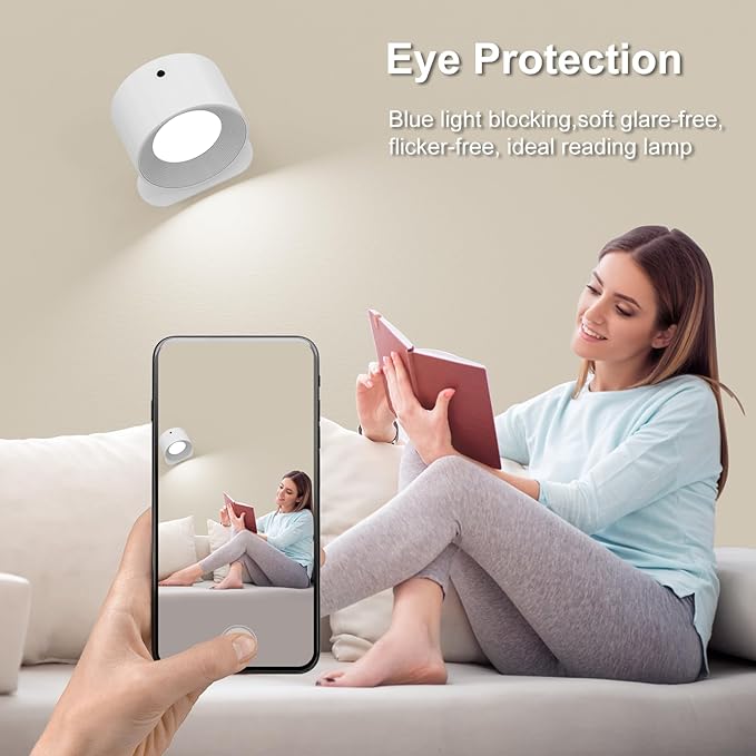 Deyagoo 2PACK Romote LED Wall Sconce - Rechargeable Wall Light, 3 Colors & 3 Brightness Levels, 360° Magnetic Rotating Head, Bedside Reading Lamp, Easy Install Battery Operated Wall Lamp Black