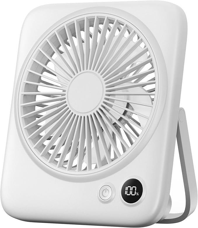 Otlonpe Portable Desk Fan 6.5 Inch, 4000mAh Rechargeable Battery Operated & USB Powered, 23Hrs Cordless Small Personal Fan 4-Speed Quiet for Office Travel Home Sleeping, Led Display, Foldable (White)