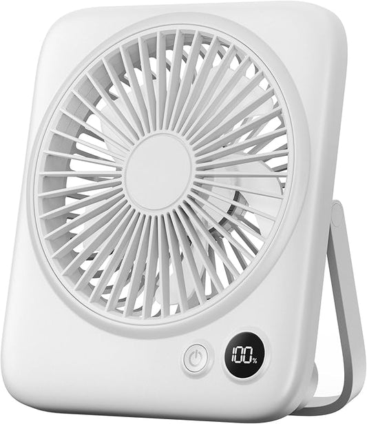 Otlonpe Portable Desk Fan 6.5 Inch, 4000mAh Rechargeable Battery Operated & USB Powered, 23Hrs Cordless Small Personal Fan 4-Speed Quiet for Office Travel Home Sleeping, Led Display, Foldable (White)