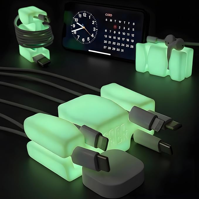 CordBrick 6PK Glowing Silicone + Steel Weighted Cable Holders for Nighstands, Cord Wraps for Travel, Unique iPhone Accessories. Small Graduation Gift for High Schoolers. Gadget for Teens. Yellow Glow