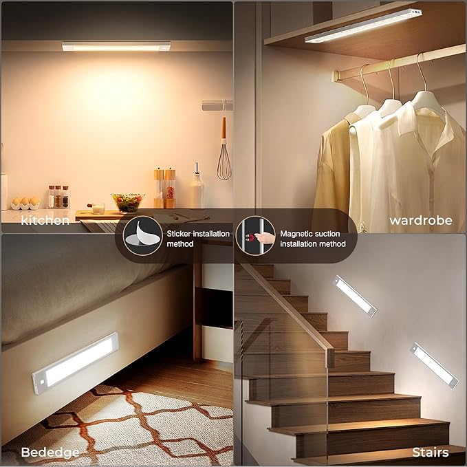 VST Under Cabinet Lighting Rechargeable,1800mAh Motion Sensor LED Closet Lights,3 Color Temperature Dimmable Magnetic Wireless Night Light for Kitchen,Wardrobe,Hallway,Stairs