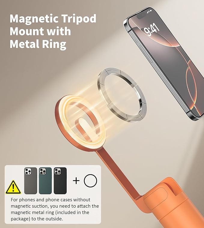 TONEOF 68" Magnetic Selfie Stick Tripod with Aluminum Strong Magnetic Holder for Magsafe, 360° Rotatable Travel Phone Tripod Stand with Metal Ring & Rechargeable Remote for iPhone/Android（Orange）