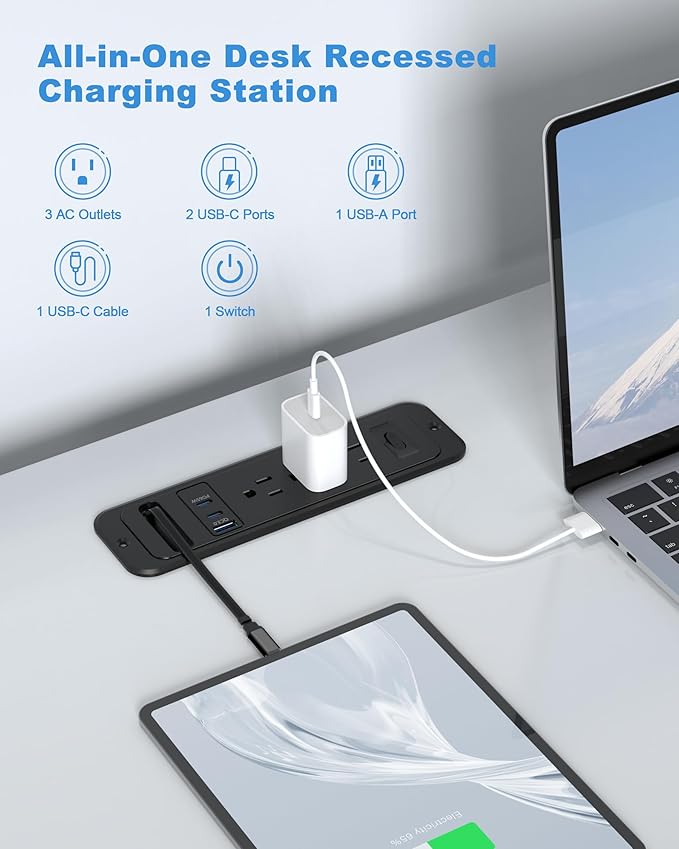 Recessed Power Strip with Retractable USB C Cable,2 PD 65W USB C Fast Charging,Flush Mount Countertop Drawer Outlet, Furniture Hidden Outlet for Side Table,End Table,3 Outlets (Black, 6FT-65W)