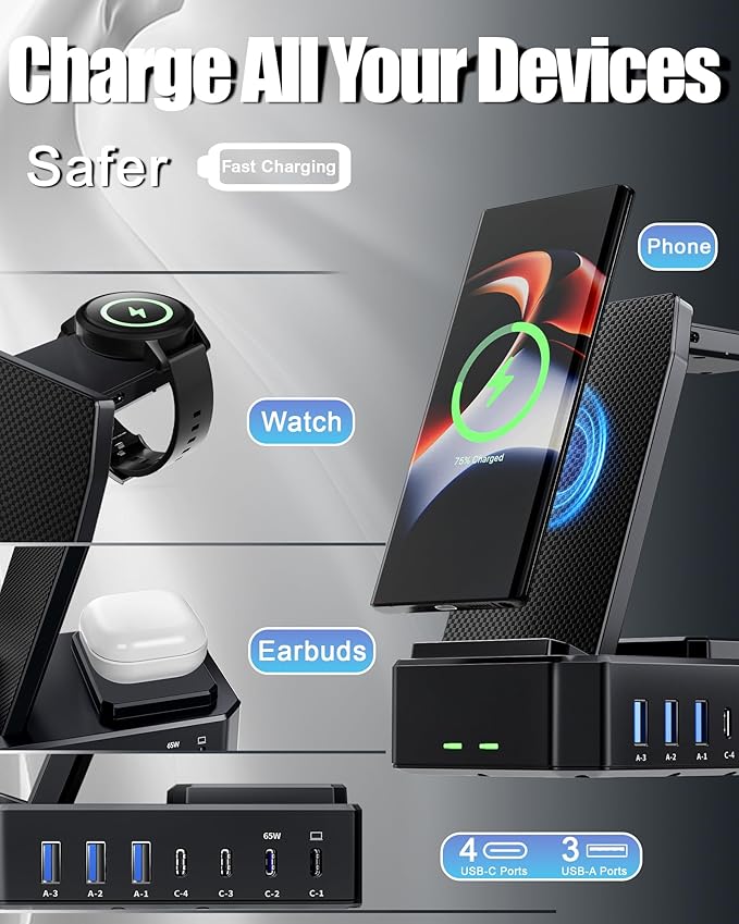 Wireless Charger for Samsung,300W 10 in 1 Wireless Charging Station, 65W USB C Fast Charging Stand for Samsung S25 Ultra/S24/S23/S22/Note 20,Galaxy Watch Ultra7/6/5,Galaxy Buds(Not for Apple Watch)