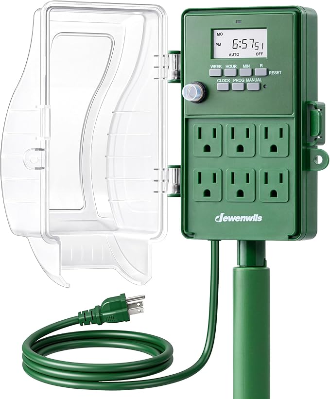 DEWENWILS Outdoor Digital Power Stake Timer, 1800W/15A with 6 Grounded Outlets, 6FT 14/3C Extension Cord, Waterproof Heavy Duty Outlet for Lights, Yard, Garden, ETL Listed